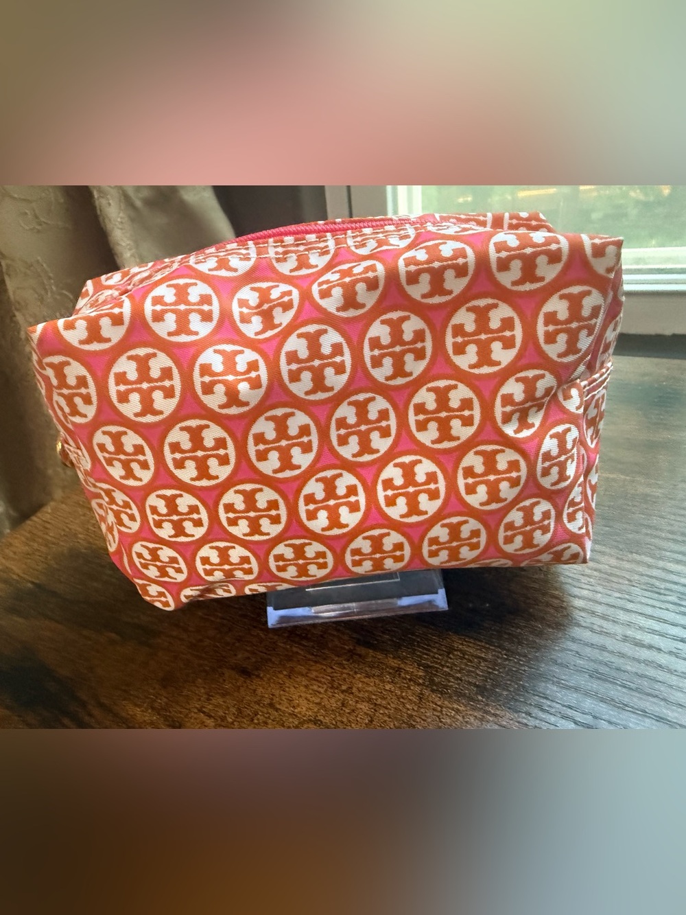 Two Tory Burch Pink and Orange Logo Zip Pouch